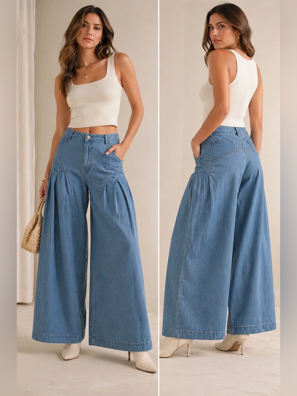 Mable Palazzo Jeans High Rise Pleated Wide Leg Lightweight Denim Blue M NWT